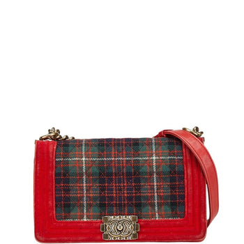 Chanel Matelasse Boy 25 Chain Shoulder Bag Red Multicolor Velour Wool Leather