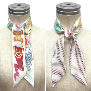 Hermes Twilly Pointier Embroidery Chevaloscope White/Blue/Rouge/Veil 100% Silk Scarf 2023