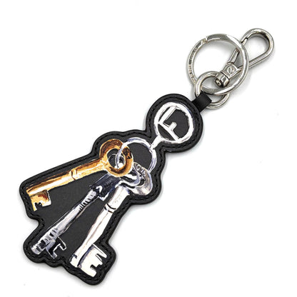 Fendi Key Motif Charm Keychain Black White Leather Bag Ring