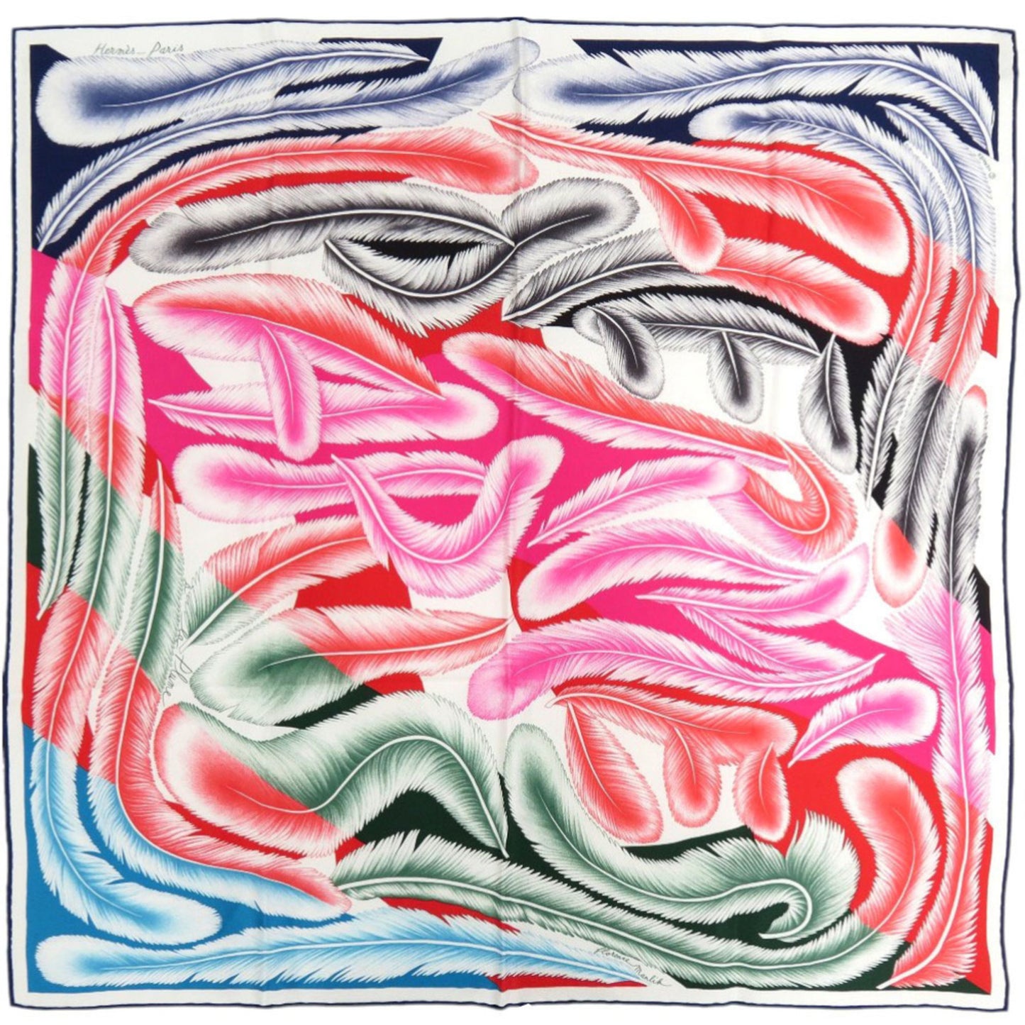 Herms Carr 65 "A La Plume" Feather Silk Multicolor Scarf Muffler 0072 Hermes