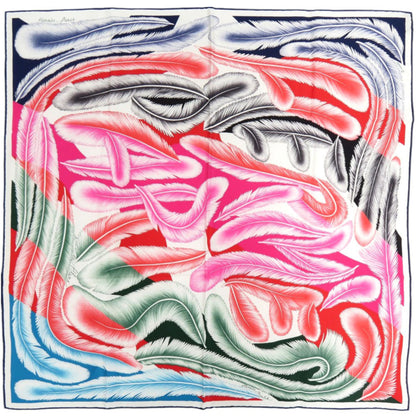 Herms Carr 65 "A La Plume" Feather Silk Multicolor Scarf Muffler 0072 Hermes