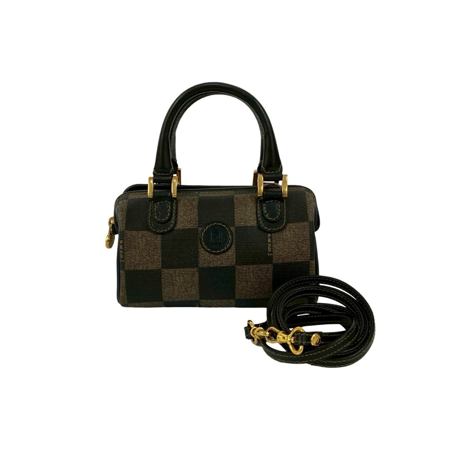 Fendi Ff Logo Pecan Check Leather 2-Way Mini Handbag/Shoulder Bag