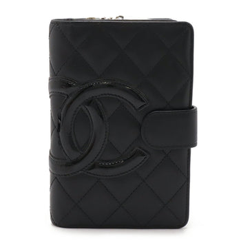 Chanel Cambon Line Coco Mark Bi-Fold Wallet Round Calf Leather Enamel Black Pink A50080