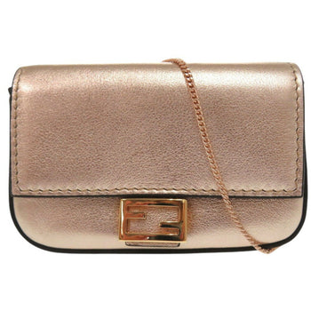Fendi Nano Baguette Charm Chain Shoulder Pouch Mini Pochette Metallic Leather Pink Gold 0070Fendi