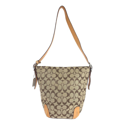 Coach Signature Beige Brown Silver Hardware Canvas Leather Hobo Shoulder Bag