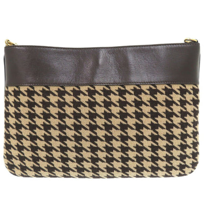 Celine Triomphe Chain Houndstooth Fabric Leather Beige Bag 0421Celine