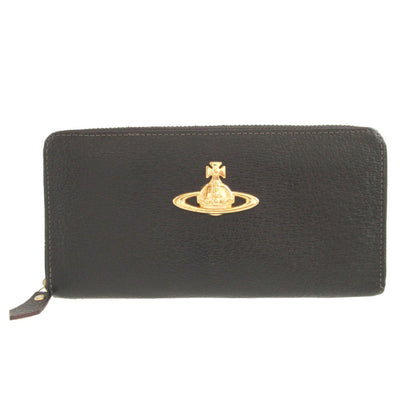 Like New Vivienne Westwood Orb Pattern Leather Black Round Zip Long Wallet 1658