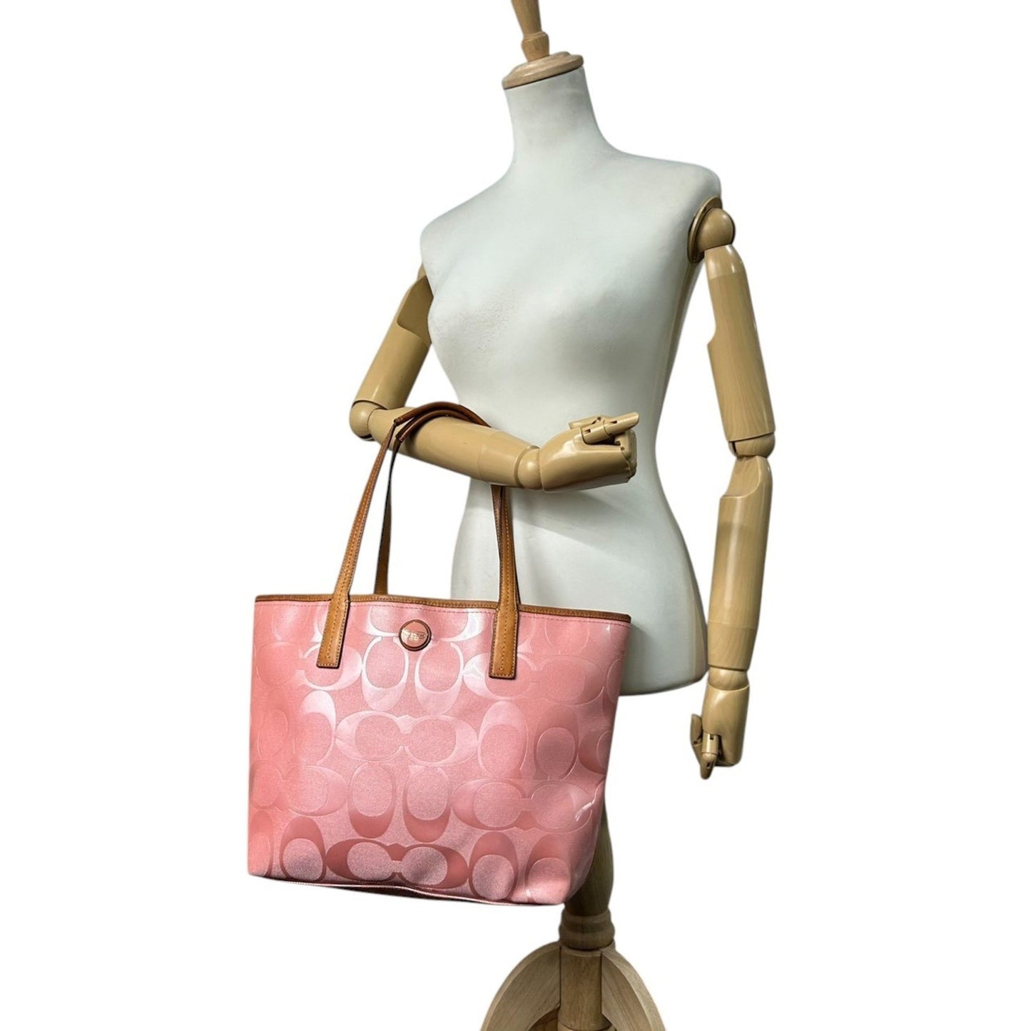 Coach Tote Bag Handbag F23621 Signature Patent Leather Pink Brown