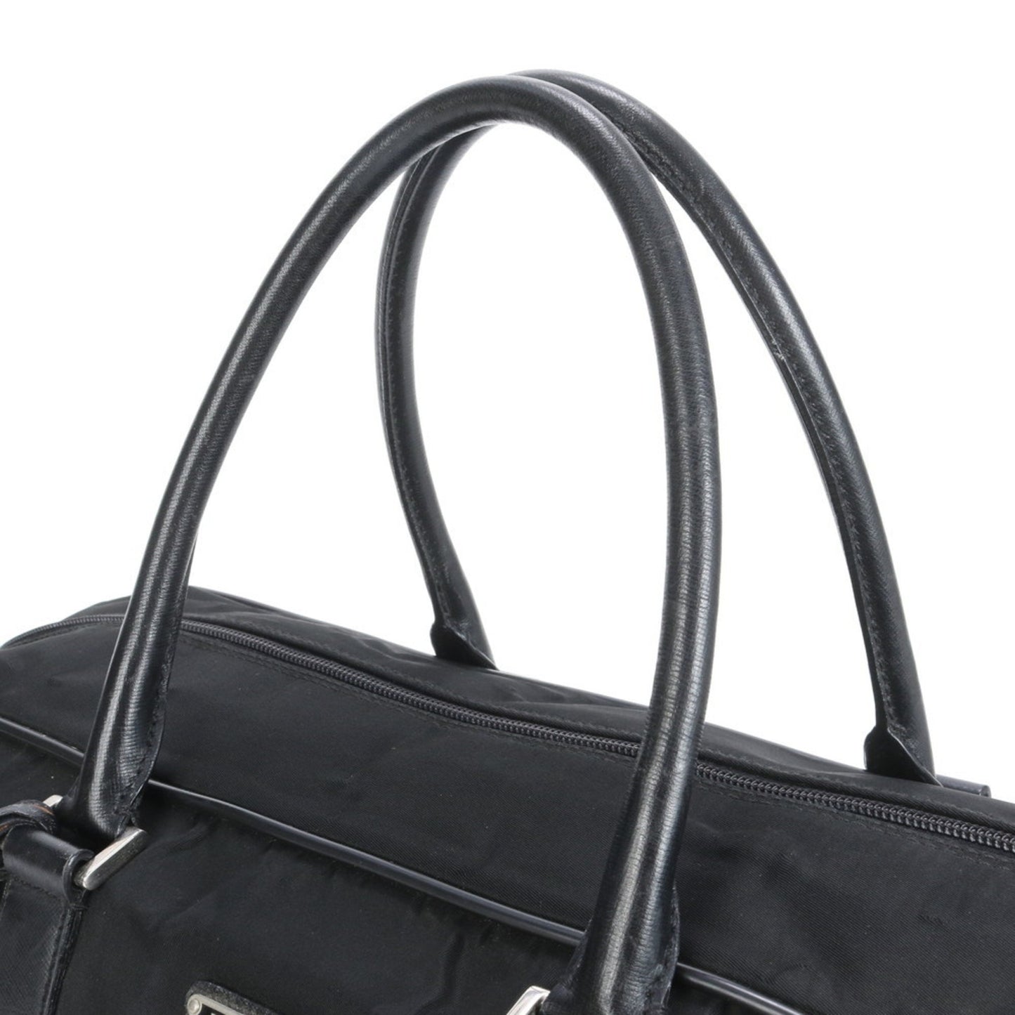 Prada Tessuto Nylon Triangular Logo Leather Boston Bag Tote Travel Black