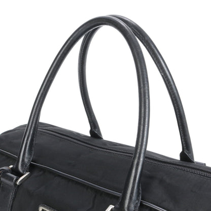 Prada Tessuto Nylon Triangular Logo Leather Boston Bag Tote Travel Black