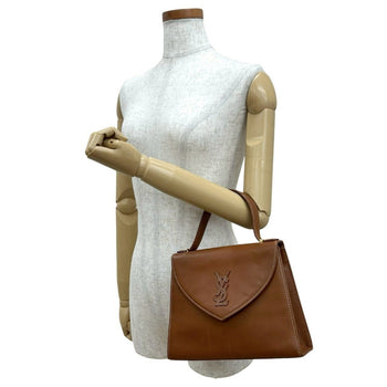 Yves Saint Laurent Ysl Logo Stitched Leather Handbag Tote Bag Brown 29006