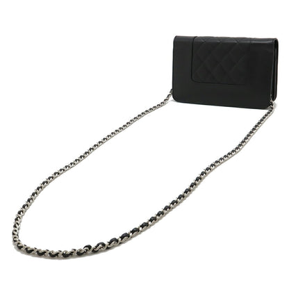 Chanel Mademoiselle Matelasse Chain Wallet Shoulder Bag Pochette Leather Black A80972