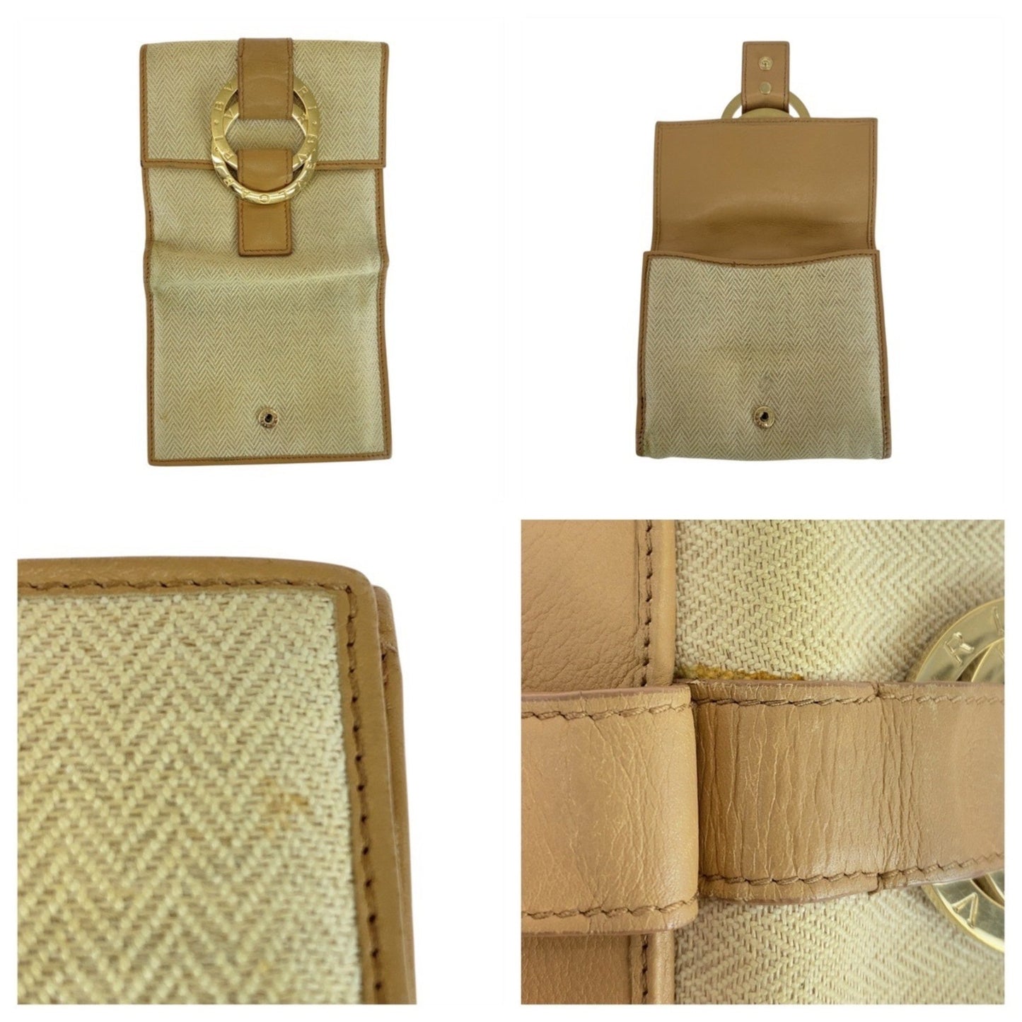 Bvlgari Chandra Beige Tweed/Leather Compact Folding Wallet (12661695) With Gold Hardware