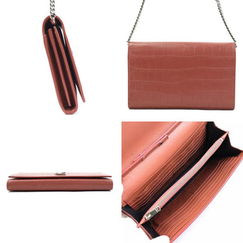 Saint Laurent Wallet Chain Shoulder Bag Embossed Leather Pink Brown Silver