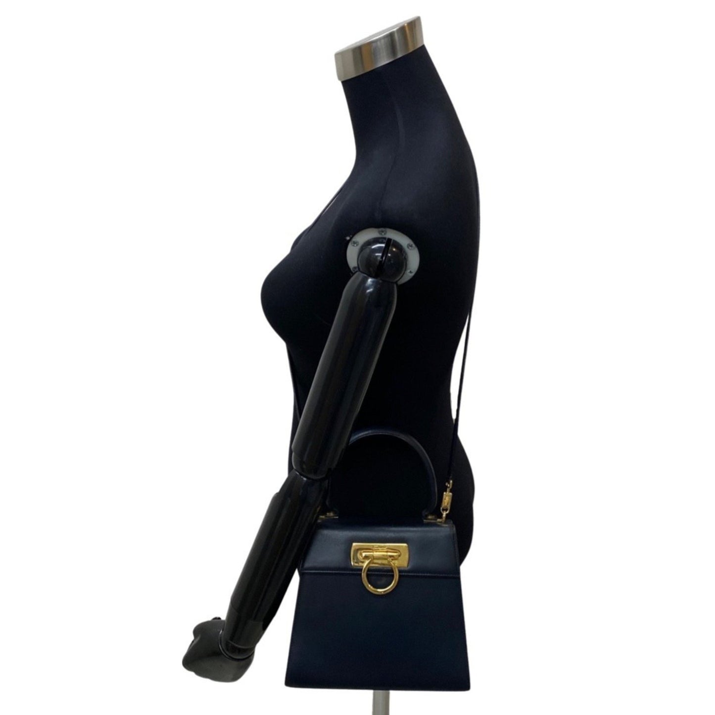 Salvatore Ferragamo Gancini Hardware Leather 2Way Shoulder Bag Handbag Navy