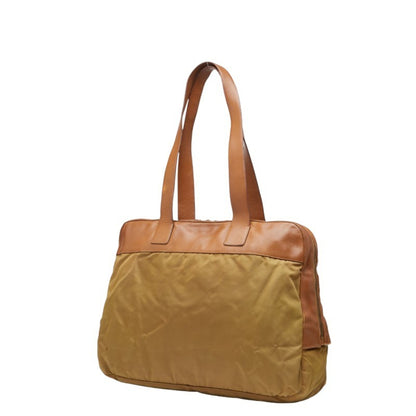 Prada Triangle Logo Plate Handbag Beige Brown Nylon Leather