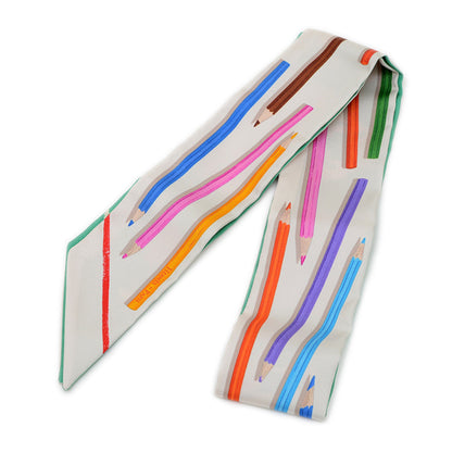 Hermes Herms Twilly Scarf/Muffler: Get Out Your Colored Pencils! Carre Libre Silk Creme Vert