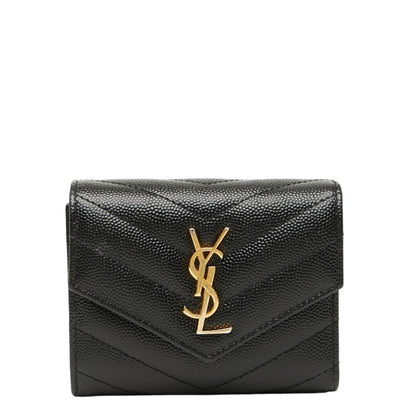 Saint Laurent Ysl Cassandra Tri-Fold Compact Wallet 692061 Black Leather