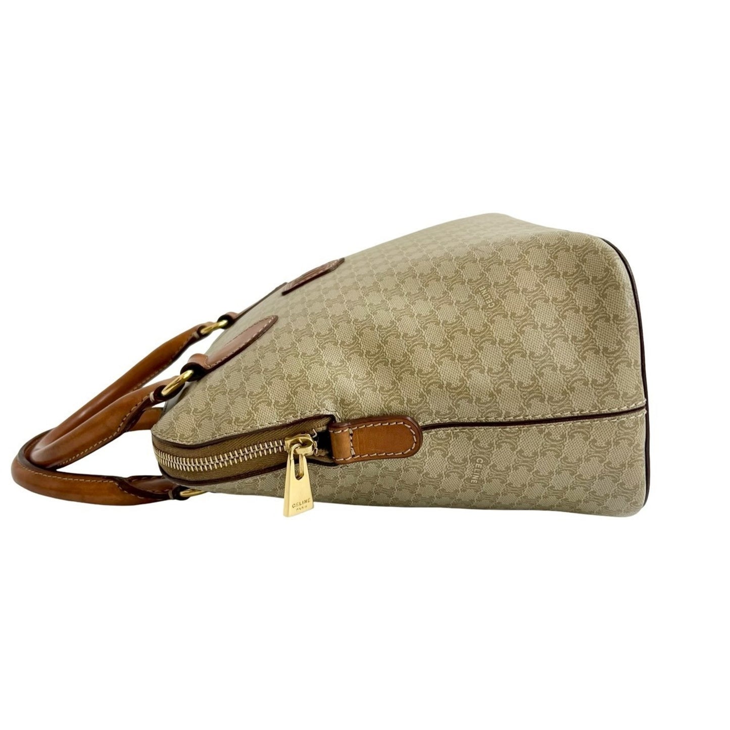 Celine Vintage Macadam Triomphe Logo Leather Handbag/Boston Bag In Beige