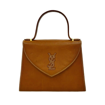 Yves Saint Laurent Ysl Logo Stitched Leather Handbag Tote Bag Brown 29006