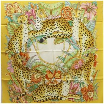 Salvatore Ferragamo Silk Scarf Muffler Leopard Print Yellow
