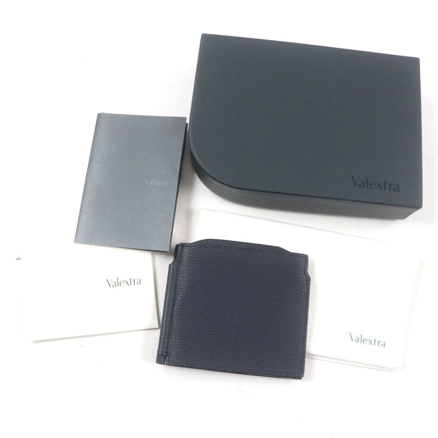 Valextra Double Money Clip Leather Wallet/Billfold In Dark Navy With Silver Hardware