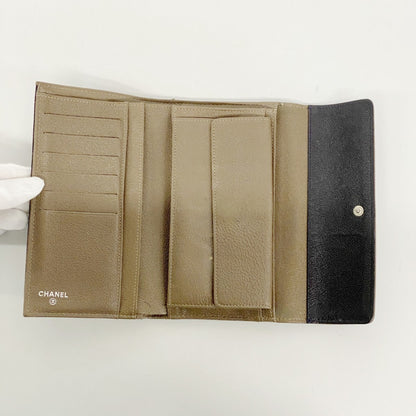 Chanel Tri-Fold Long Wallet Bicolor Leather Black Brown