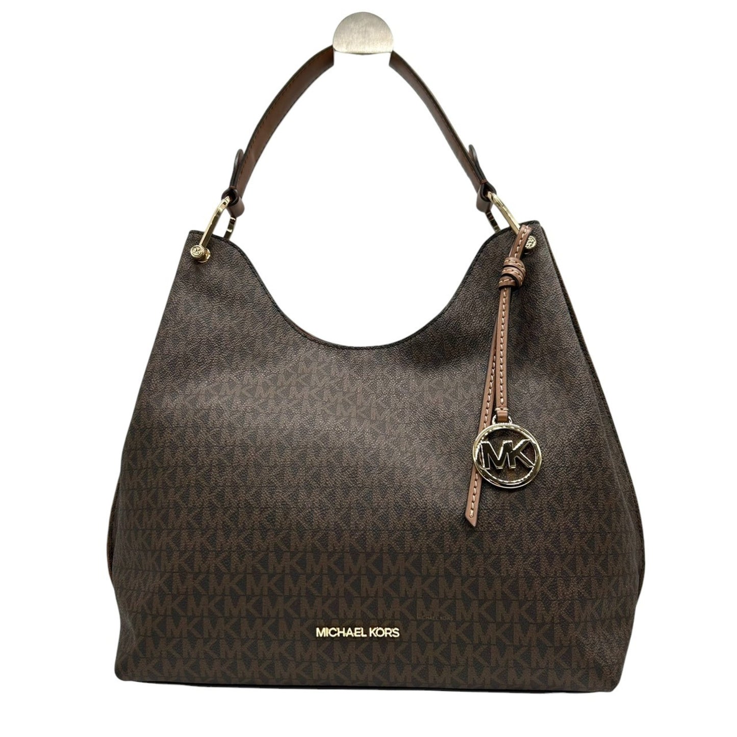 Michael Kors One-Shoulder Hobo Bag With Signature Mk Logo Charm In Brown Leather