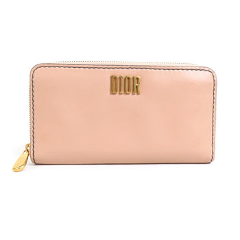 Christian Dior Round Zipper Long Wallet Leather Pink Beige