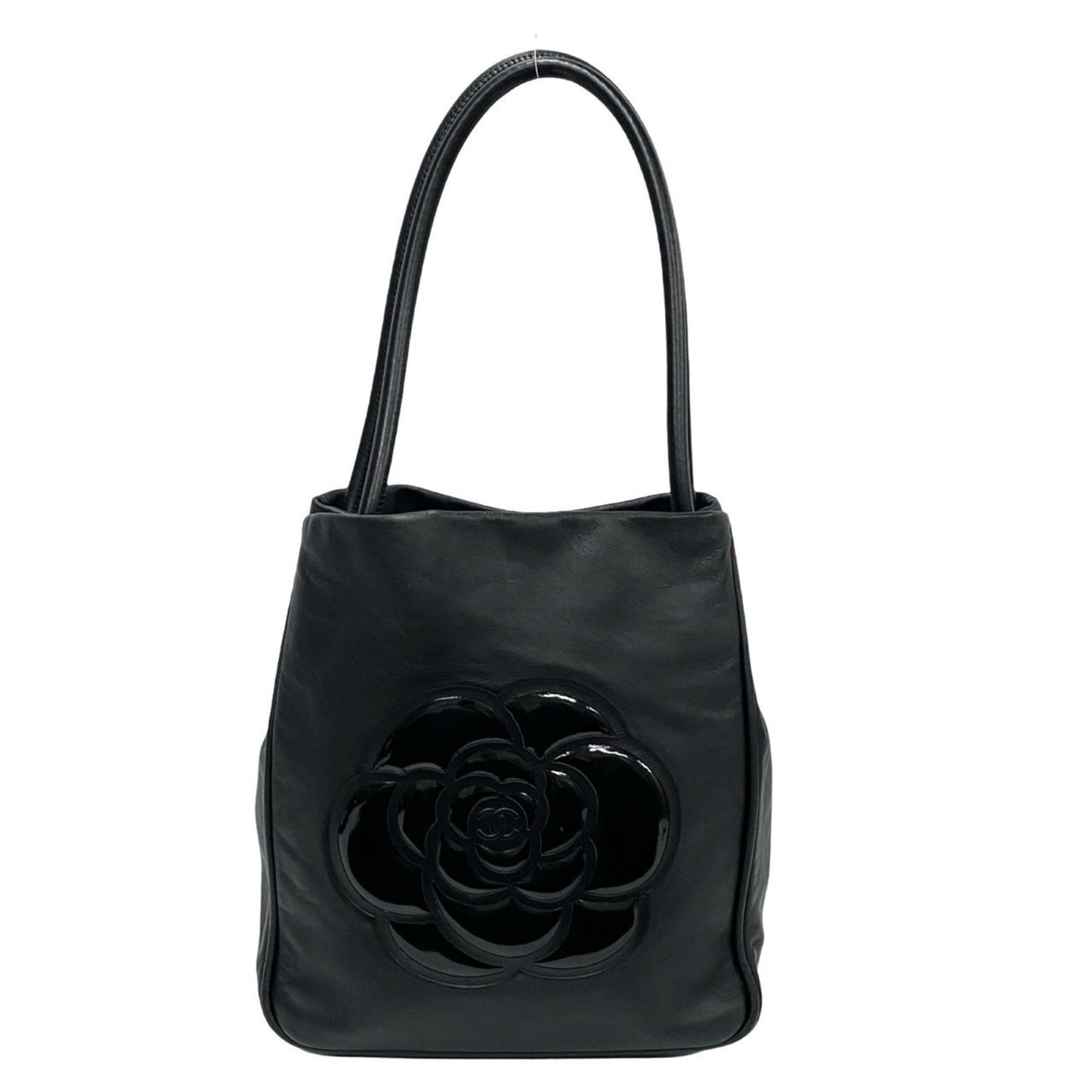 Chanel Camellia Logo Leather Tote Bag Handbag Black 29098