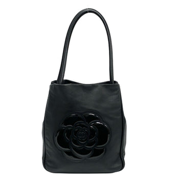 Chanel Camellia Logo Leather Tote Bag Handbag Black 29098