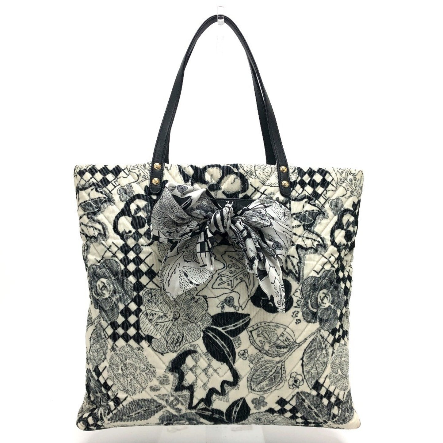 Chanel Camellia Bag Chevron Corduroy Shoulder Ribbon Handbag Tote Canvas