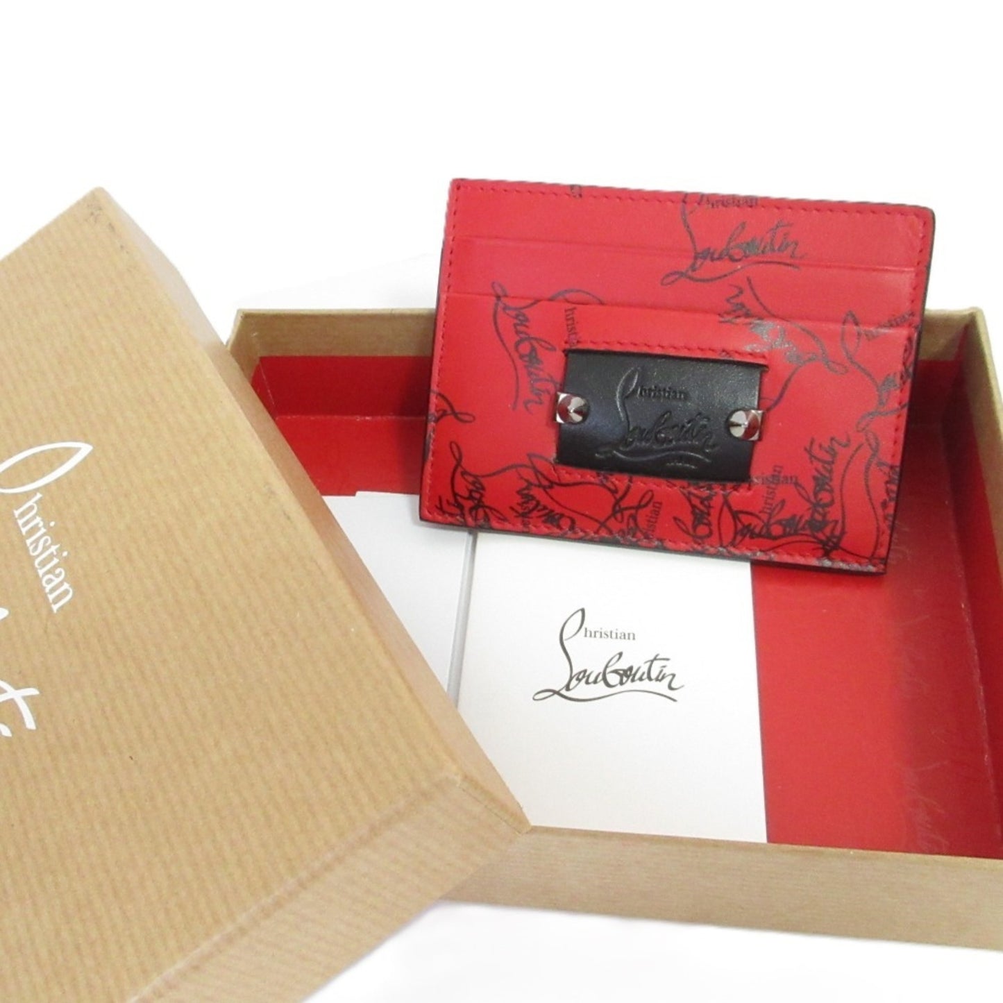 Christian Louboutin Logo Design Studded Business Card Holder/Card Case Red X Black Silver Hardware