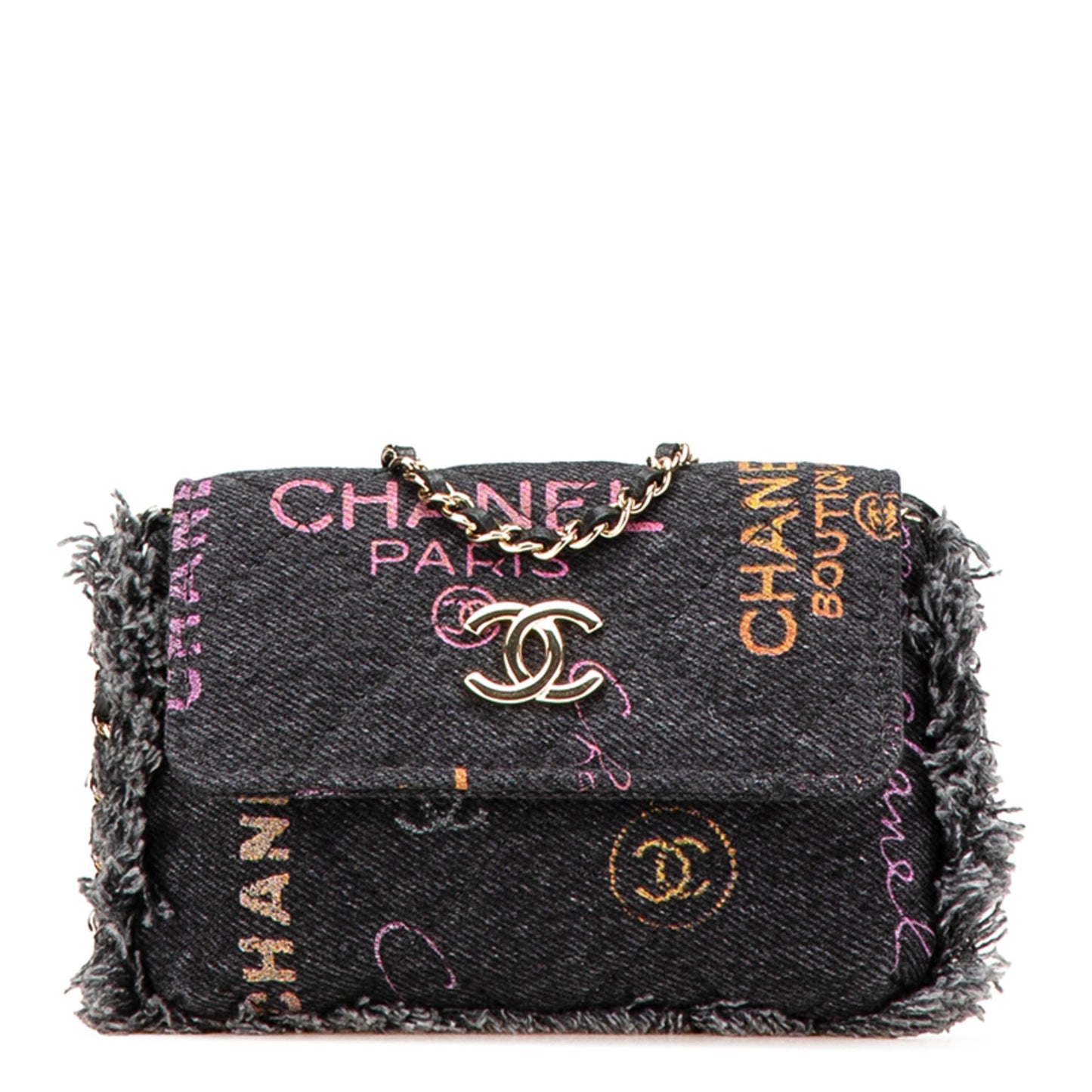 Chanel Matelasse Coco Mark Fringe Crossbody Chain Shoulder Bag Pochette In Black