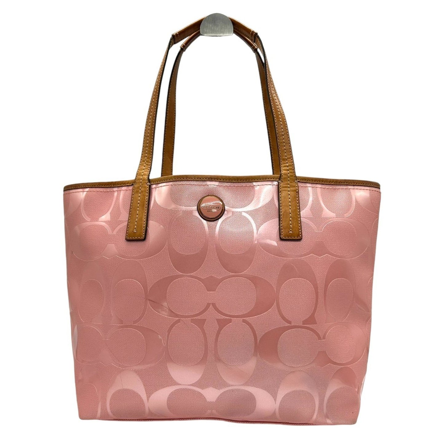 Coach Tote Bag Handbag F23621 Signature Patent Leather Pink Brown