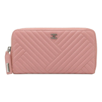 Chanel V-Stitched Coco Mark Round Long Wallet Quilted Lambskin Leather Pink A82258