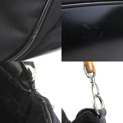 Gucci Shoulder Bag Bamboo Nylon Canvas Leather Black Silver