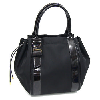 Salvatore Ferragamo Handbag Vara 21D 394 Black Dark Brown Nylon Patent Leather Ribbon Leopard