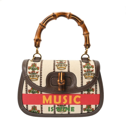 Gucci Bamboo 2-Way Sony 100Th Anniversary Model Beige/Green Women'S Canvas And Leather Handbag