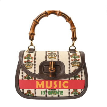 Gucci Bamboo 2-Way Sony 100Th Anniversary Model Beige/Green Women'S Canvas And Leather Handbag