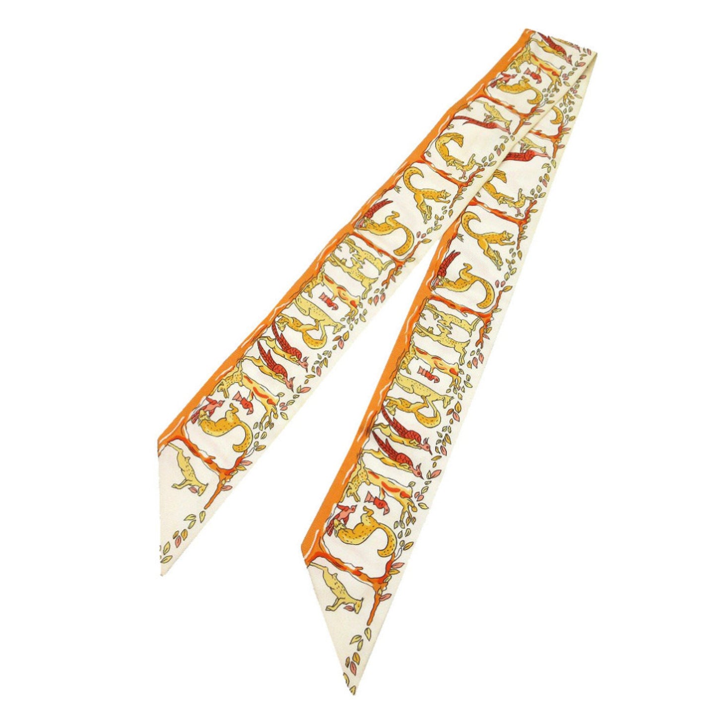Herms Twilly Alphabet 3 Forest Animals Scarf/Muffler Silk Orange/Cream/Red 1119 Hermes