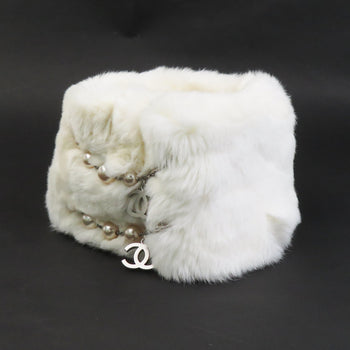 Chanel Scarf Tippet Rabbit Fur Faux Pearl White