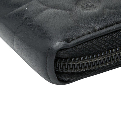 Chanel Coco Mark Camellia Round Zip Long Wallet In Black Lambskin