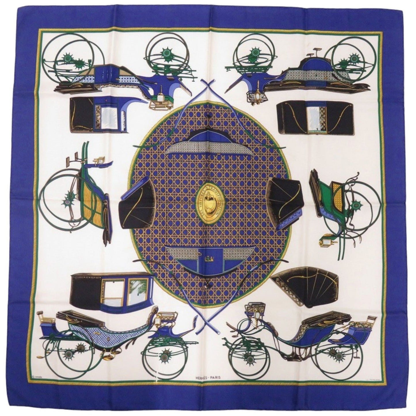 Herms Carr 90 "Les Voitures A Transformation" Folding Covered Wagon Silk Blue Scarf Muffler 0121