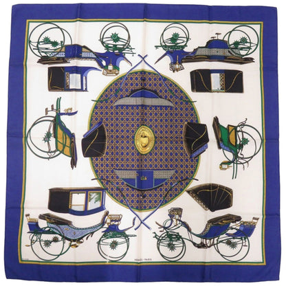 Herms Carr 90 "Les Voitures A Transformation" Folding Covered Wagon Silk Blue Scarf Muffler 0121