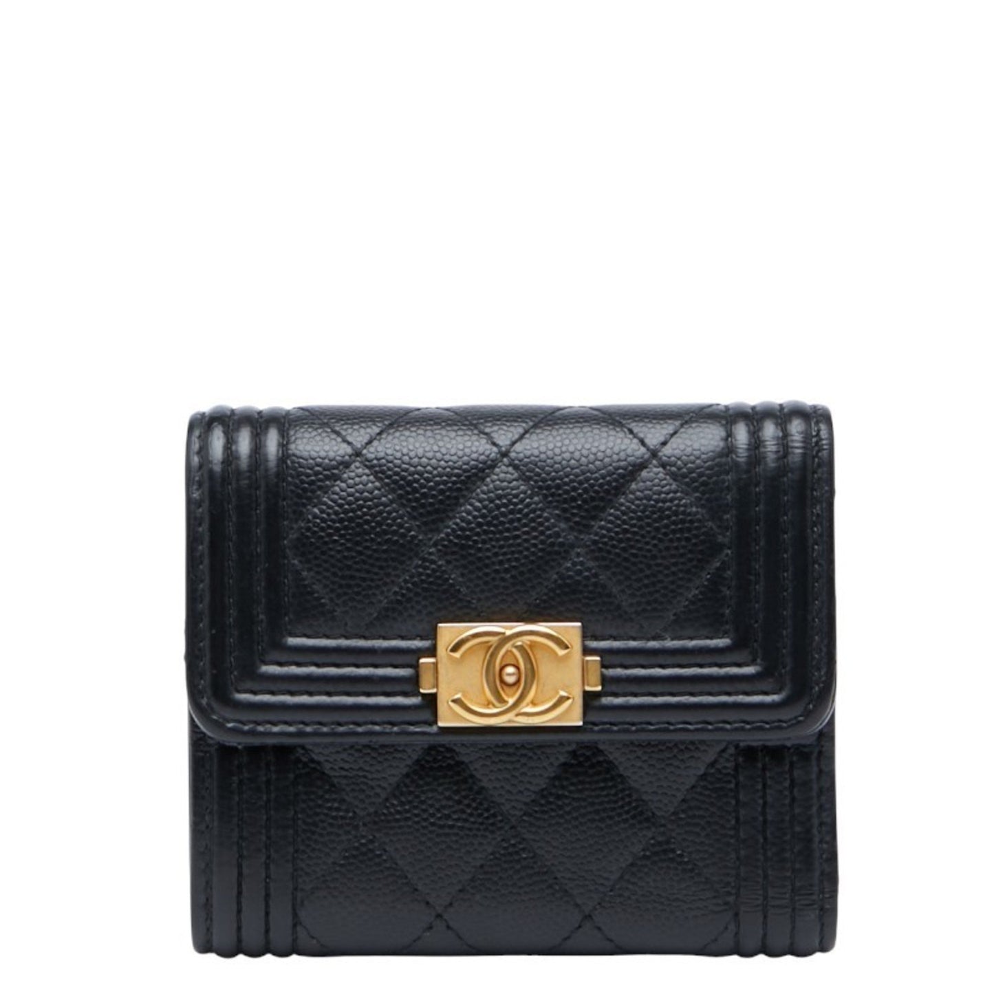 Chanel Matelasse Boy Chanel Coco Mark Bifold Wallet Black Caviar Skin