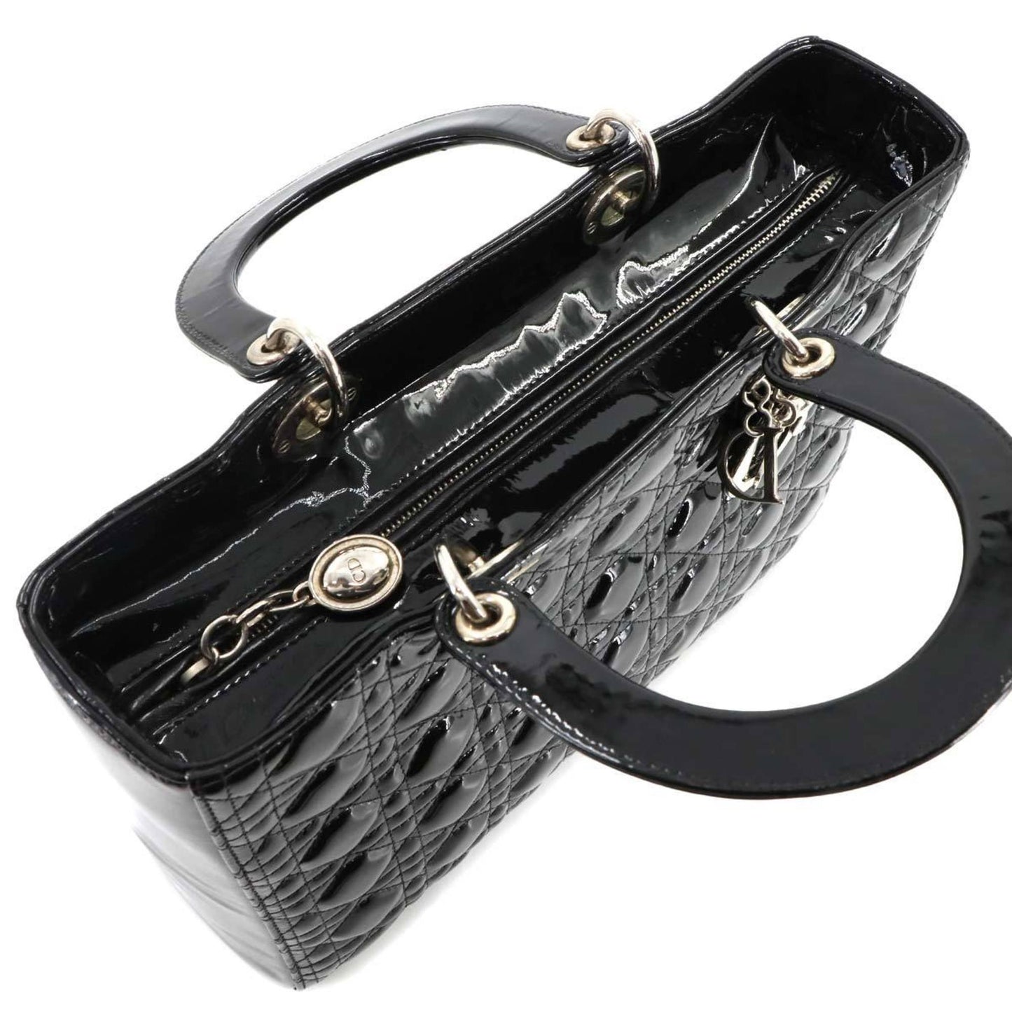 Christian Dior Cannage Lady Large 2-Way Hand/Shoulder Bag In Black Enamel