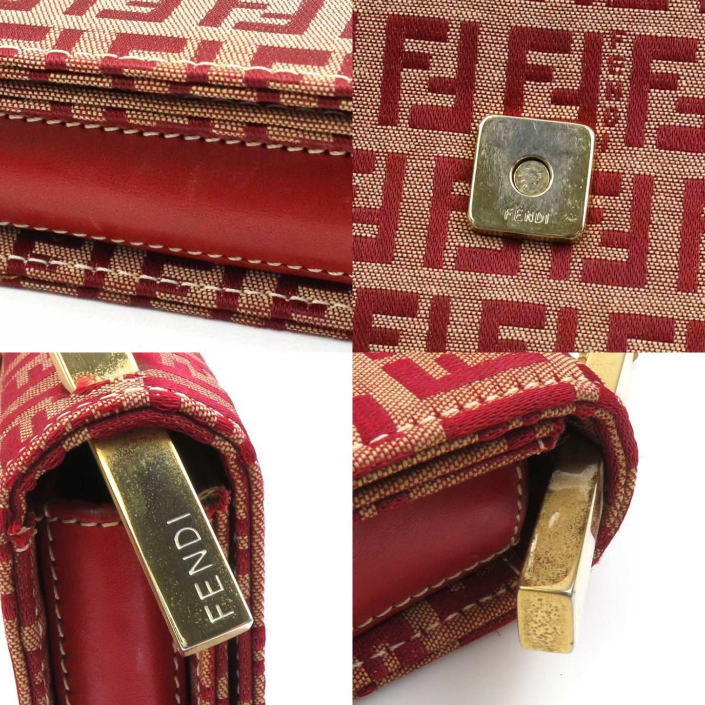Fendi Handbag Zucchino Canvas Metal Beige Red Gold