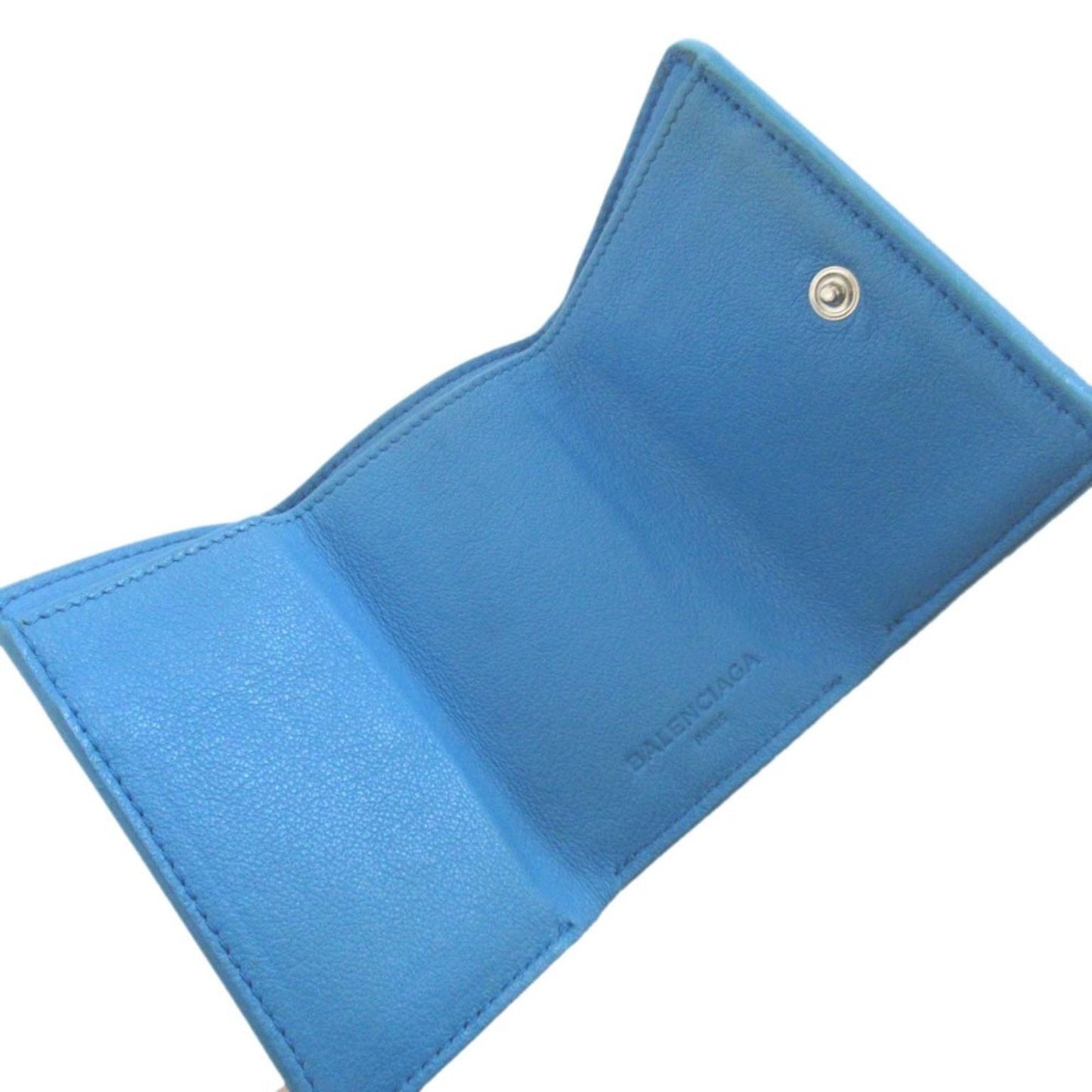 Balenciaga Paper Mini Leather Compact Wallet Tri-Fold Coin Purse Billfold Card Slot Blue