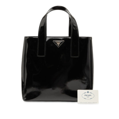 Prada Triangle Logo Plate Handbag Tote Bag Black Patent Leather